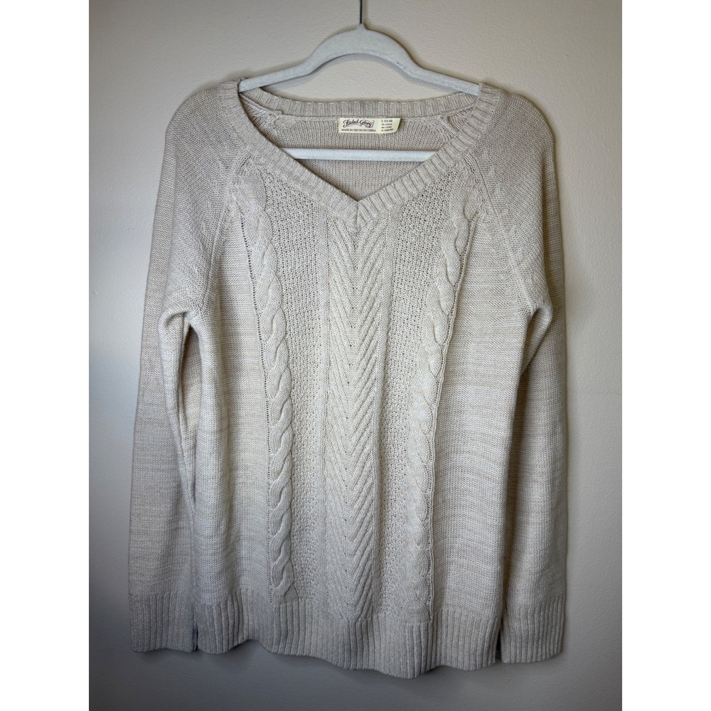 Y2K Faded Glory Cable Knit Sweater Women's L 12-14 Cream V Neck Pullover Preppy